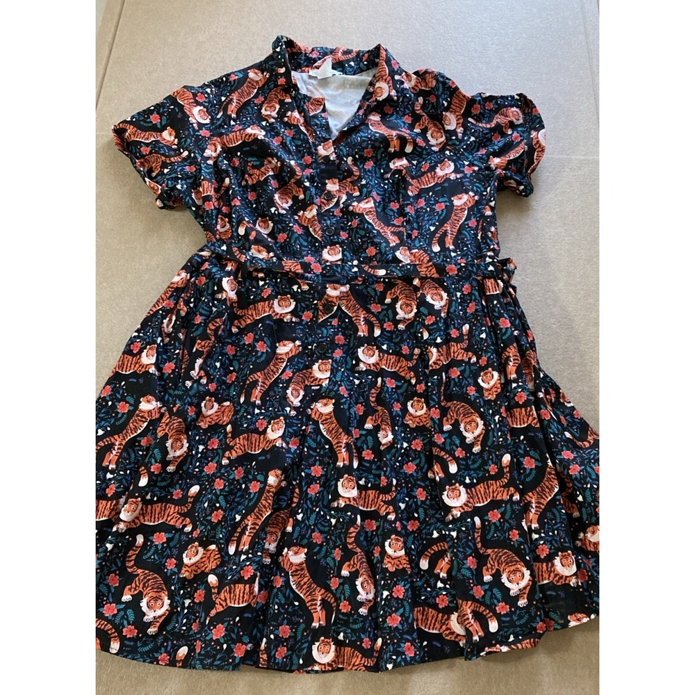 Eva Rose Fit & Flare Dress Sz 3X Vtg Tiger Graphic Floral Belted Retro Pinup - Picture 5 of 9
